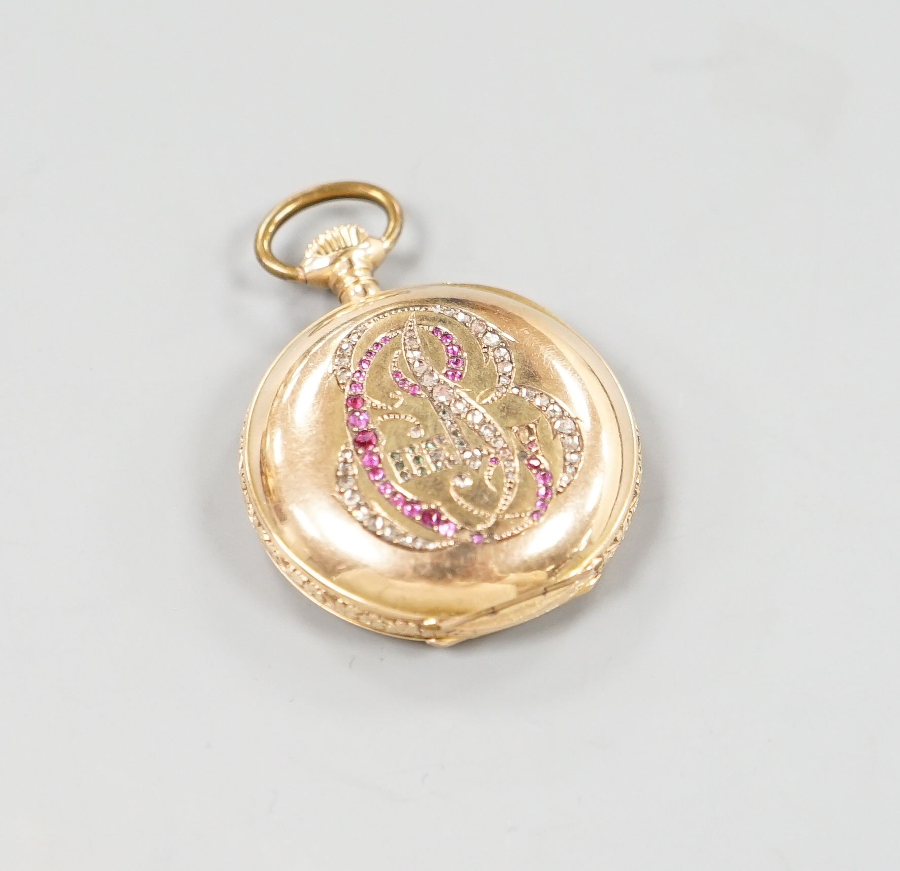 A Swiss 18k, ruby and diamond set keyless fob watch by Henry Grandjean & Cie (a.f.)